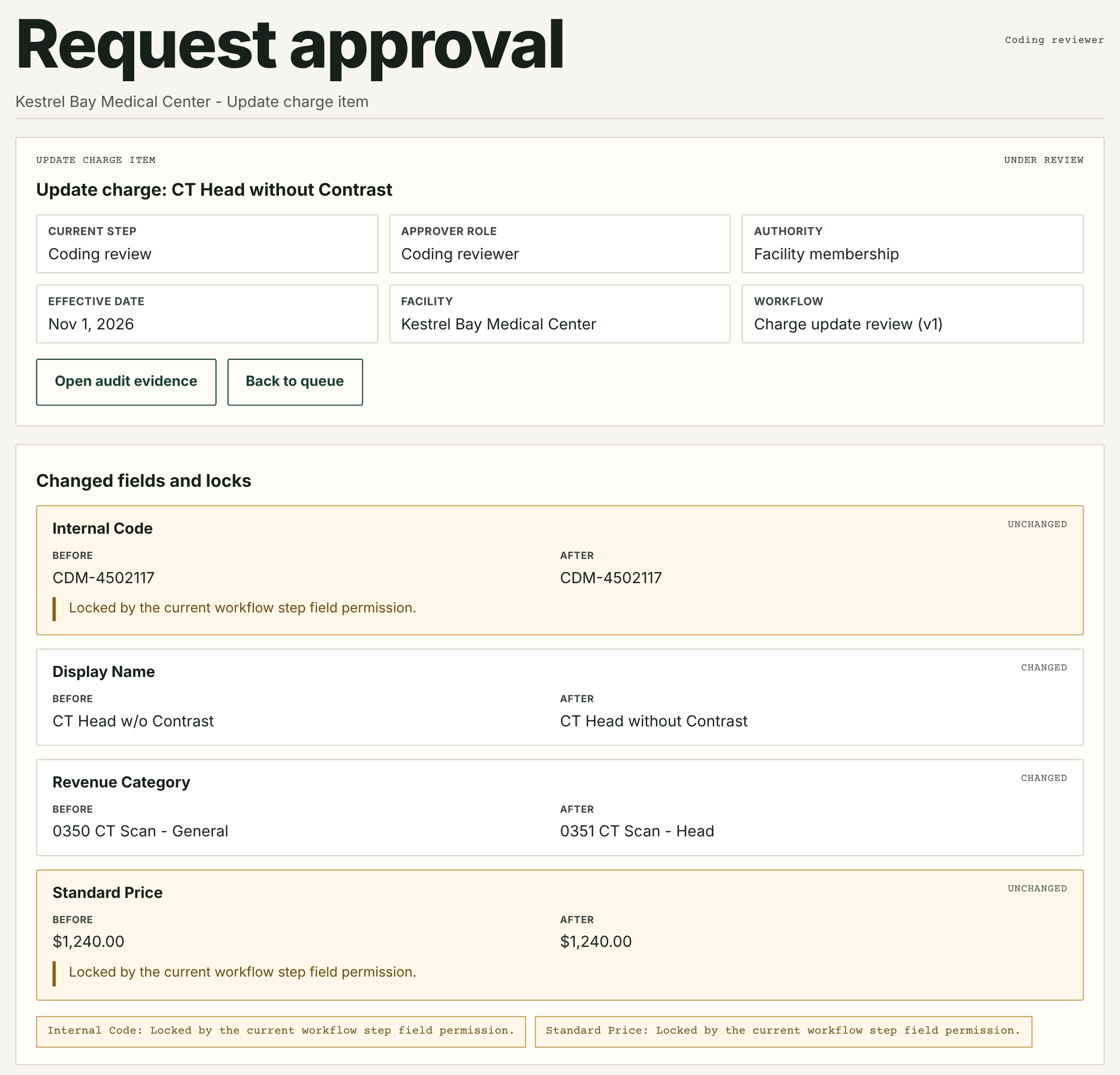 Request detail screen with workflow step and field-by-field diff